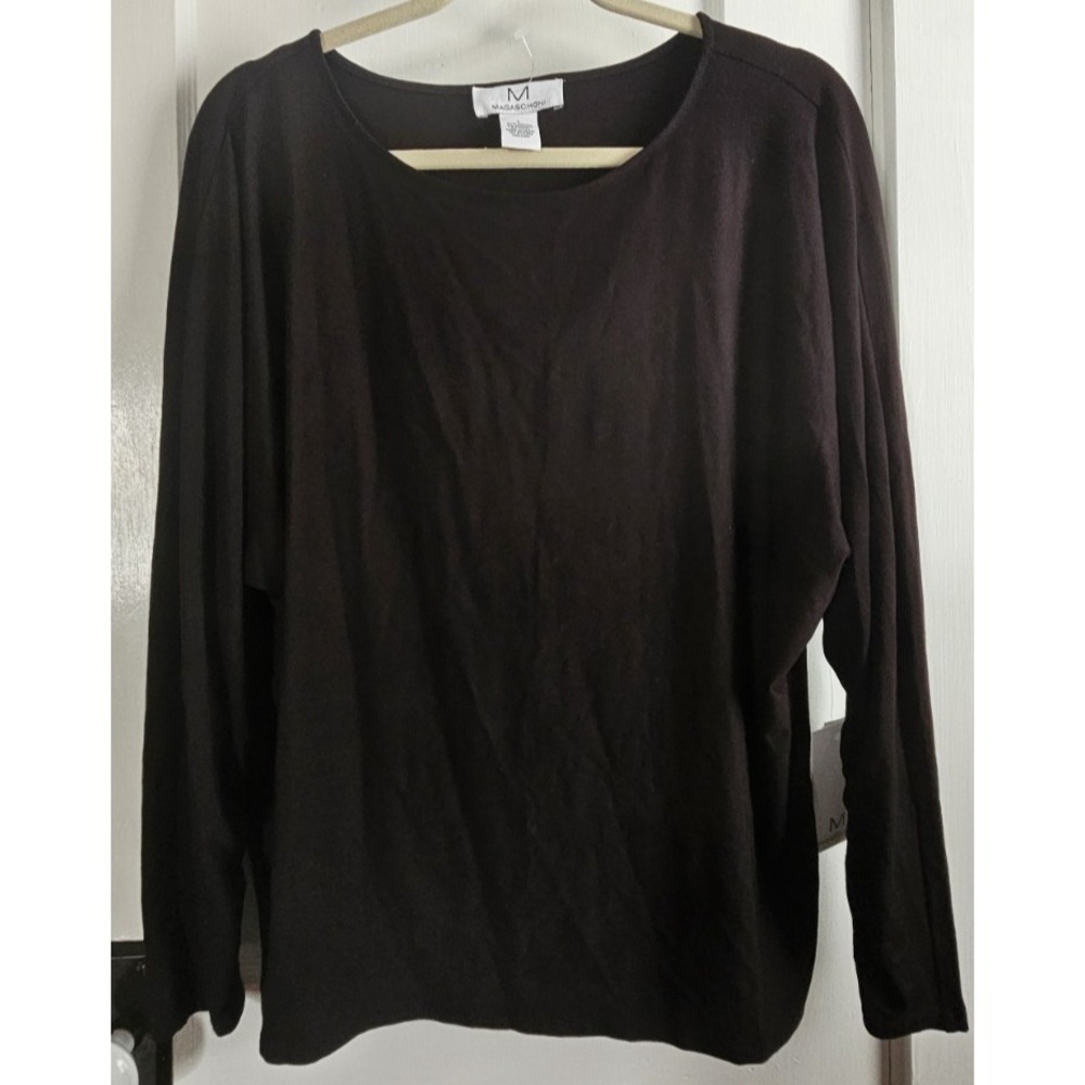 NWT M MAGASCHON woman Sz L black pleated‎ sleeves boat neck tunic top
